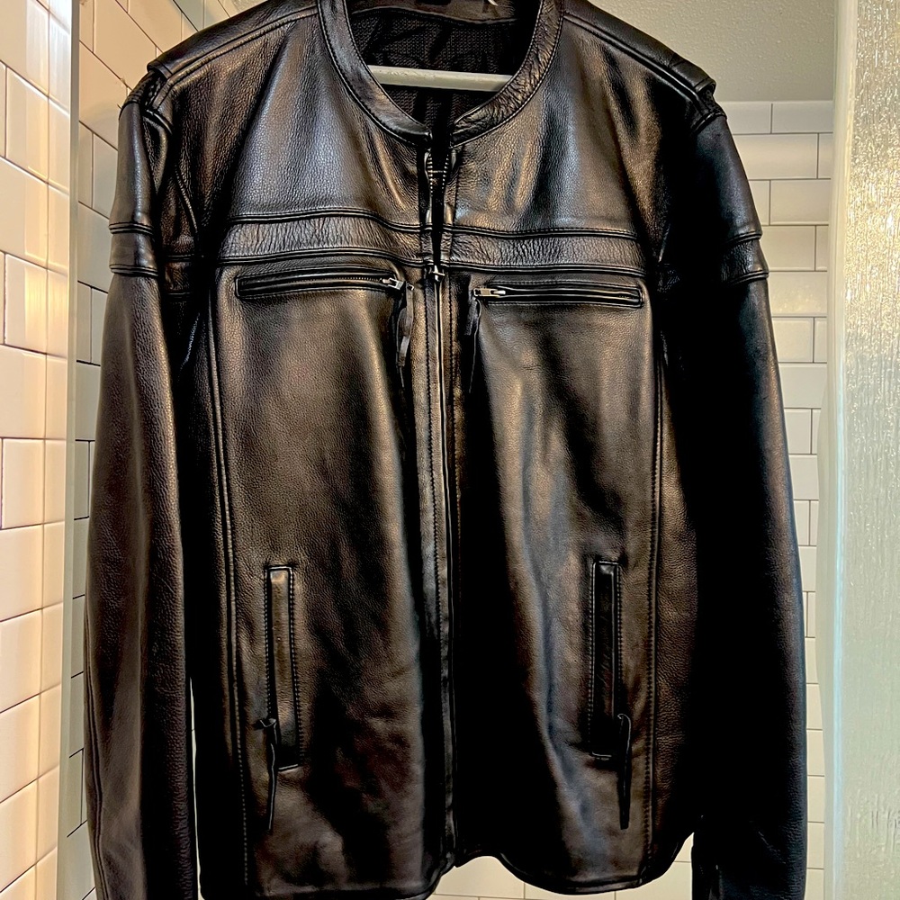Eagle leather riding gear. Black leather jacket.